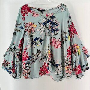 Rachel Roy Blue Floral V Neck Sheer Flutter Sleeve Blouse 20W Boho Feminine Chic